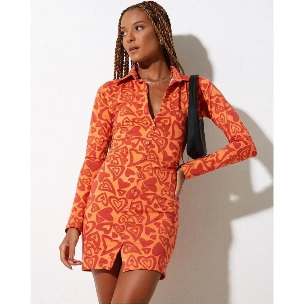Motel Rocks Avaya Button Up Mini Dress in Retro Heart Orange